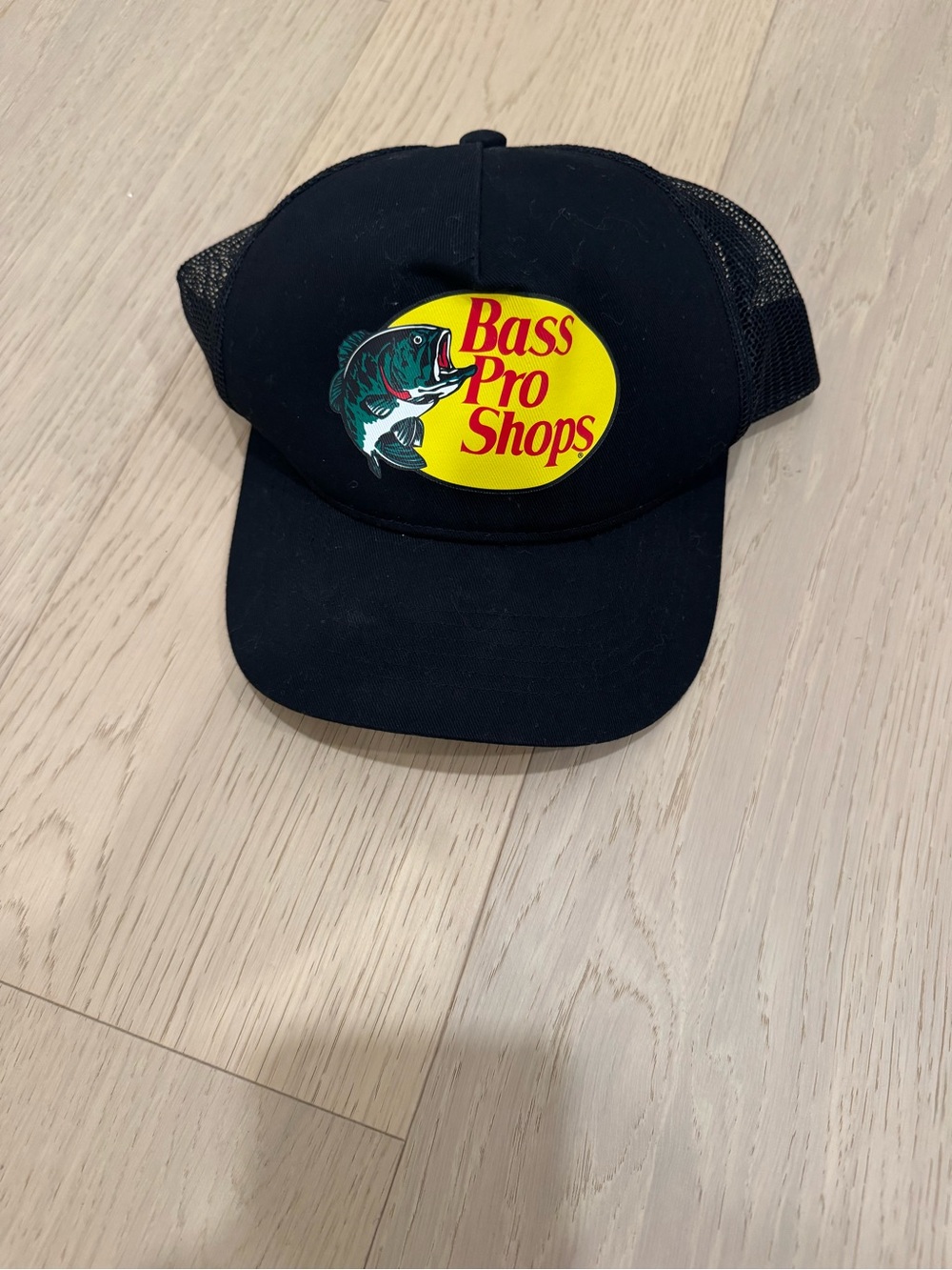 Bass Pro Shops Black Trucker Cap with Yellow Logo and Green Fish